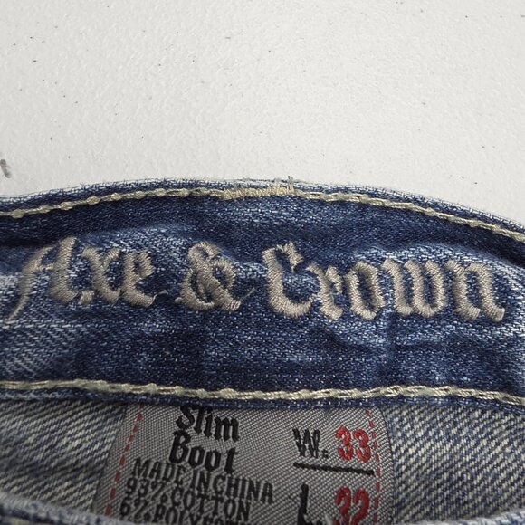 Axe & Crown Jeans Mens 33x32 Blue Slim Boot Distressed Denim Back Flap Pockets - Picture 8 of 14